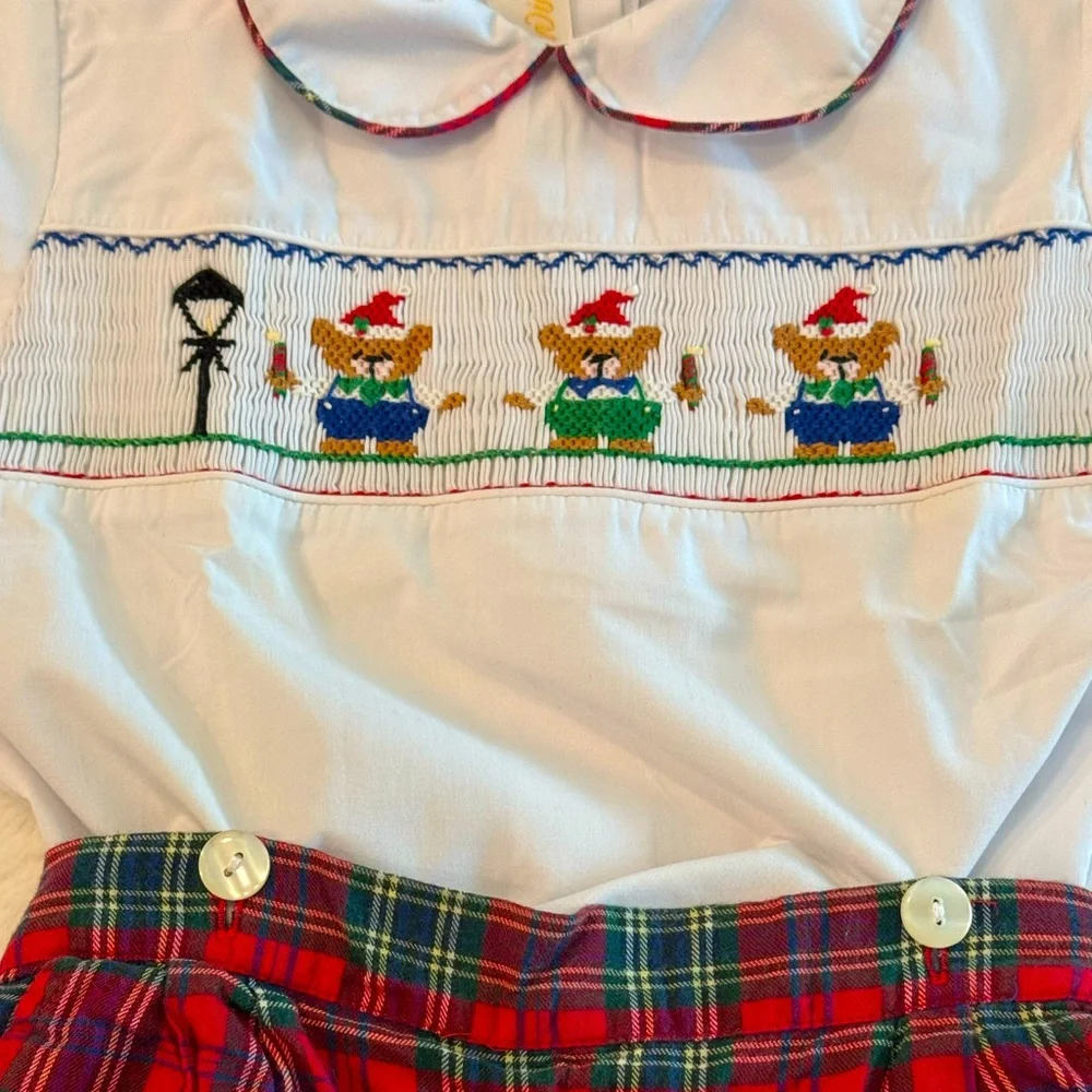 Anavini Boys Christmas Smocked Shirt w/ Red Christmas Tartan Shorts Set- size 4T - Picture 3 of 9